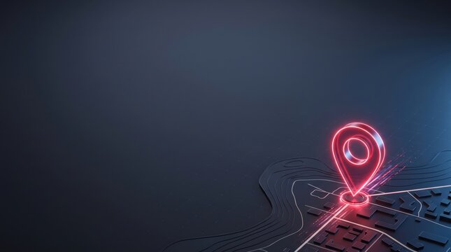 3d render of a glowing red map location pin icon on a dark stylized topographic city map background with digital light effects
