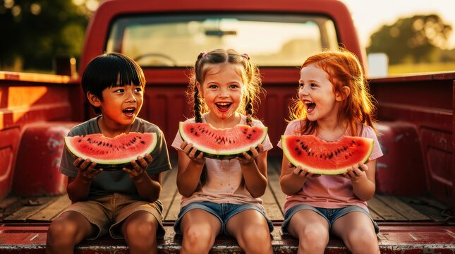 Diverse children laughing while eating watermelon in a red truck. Friends enjoying sunset snacks in a vintage pickup bed. Summer childhood joy concept, perfect for family lifestyle marketing.