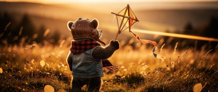Small bear cub wearing aviator gear holds a kite in a field at sunset. Cub in flight helmet and denim vest overlooks a valley. Whimsical adventure and childhood imagination concept for marketing.