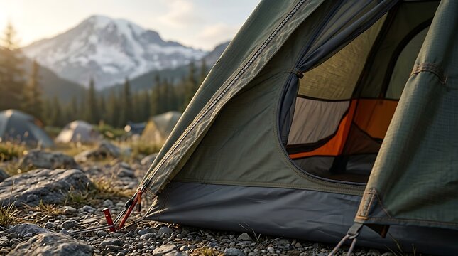 A green camping tent with its flap open, revealing another tent inside, set against a backdrop of a majestic snow-capped mountain and a forest at sunrise.