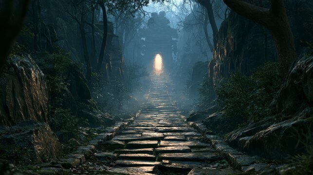Rustic Stone Path Leading Toward Glowing Temple Through Forest