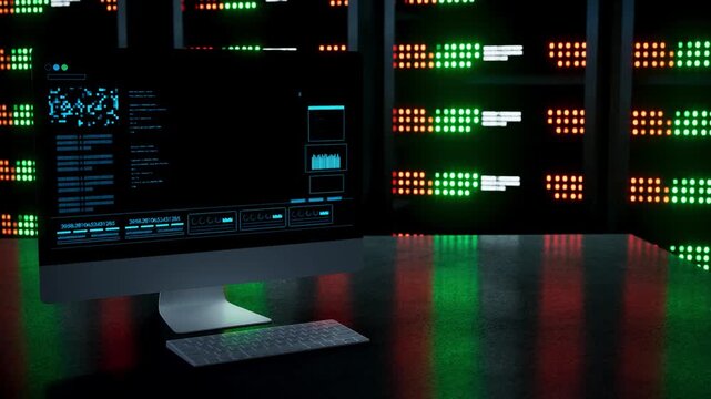 In a server farm, software developer checks infrastructure energy use with a computer, supporting energy efficiency, power use control and database reliability during practical IT operations.