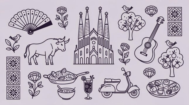 Spanish culture line art icons featuring Sagrada Familia, bull, and food. Minimalist vector set includes paella, guitar, and tapas. Ideal for travel branding and Spain-themed tourism marketing.