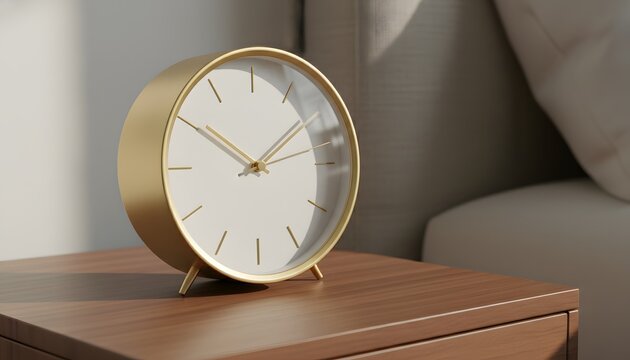 Modern golden round analog clock ticking on nightstand in bright cozy bedroom for time management, morning routine, urgency, and schedule concept with warm sunlight