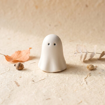 Small white ghost figurine on beige background with autumn leaves and acorn