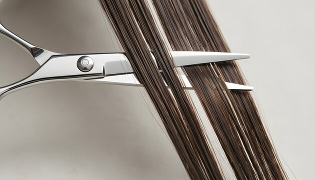 Extreme close up of dark brown hair being trimmed with sharp steel shears in a studio setting for a professional beauty care and haircut concept