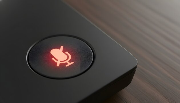 Glowing red microphone icon illuminated on sleek black conference device for digital privacy concept featuring a detailed close-up of mute button on wooden desk