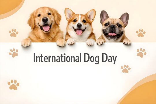 International Dog Day celebration featuring three happy dogs with a clean festive message layout