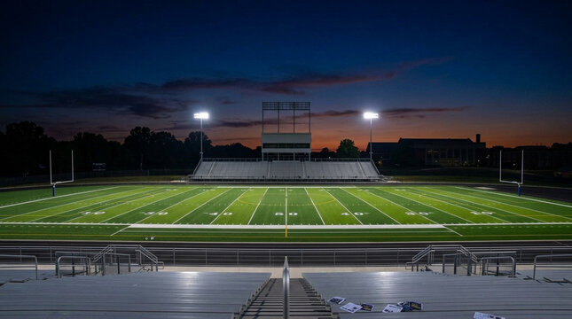 Empty American football field at twilight with illuminated artificial turf, yard line markings, goal posts, stadium floodlights, and grandstands under a dusk sky with orange clouds.