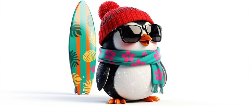 Cute 3D penguin wearing a winter hat, scarf, and sunglasses stands next to a surfboard on a white background. Character combines winter and summer gear for humorous seasonal contrast. Travel concept.