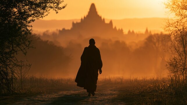 Pilgrim Silhouette Walking Toward Temple in Golden Morning Light