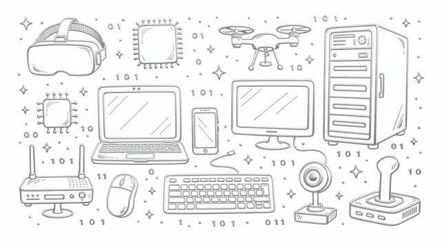 Hand-drawn technology icons and gadgets in a line art sketch style. Illustration featuring computer hardware, mobile devices, and gaming accessories. High-tech digital concept for tech marketing.