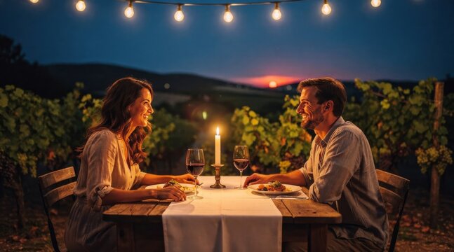 Happy couple enjoying romantic dinner date in a vineyard at night