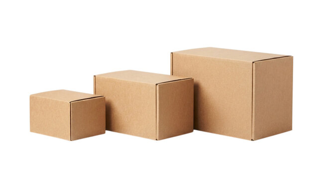 Three different sizes of brown cardboard boxes for a professional blank packaging mockup presenting various shipping or storage solutions for products isolated on transparent background