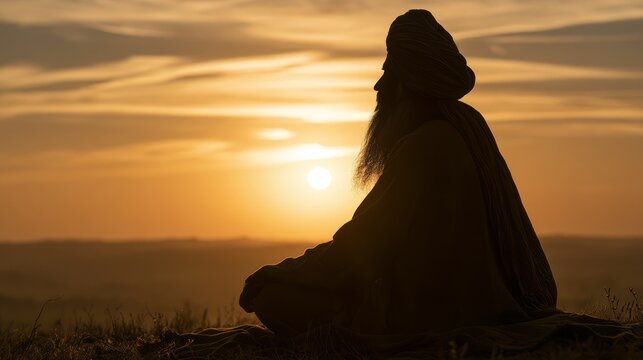 Elderly Robed Figure Silhouette Meditating at Sunset