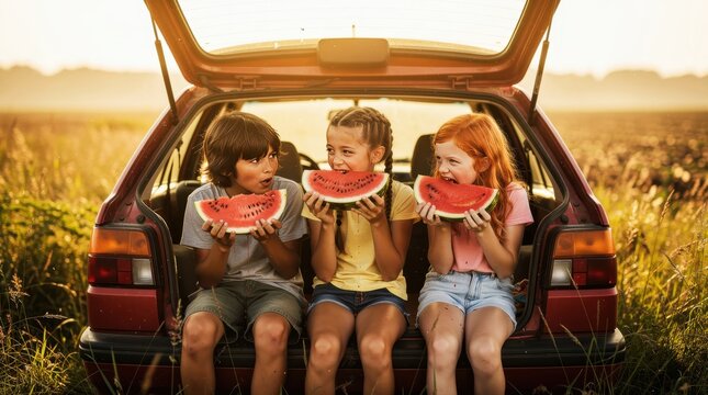 Three children sitting in a car trunk eating fresh watermelon slices at sunset. Happy friends enjoying a summer road trip picnic. Childhood joy concept for family travel and seasonal marketing.