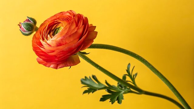 Fresh red and orange ranunculus flower with a closed bud on a bright vibrant yellow background