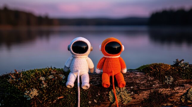 Two crochet astronaut dolls sitting on a mossy log by a lake at sunset. Handmade knitted explorers enjoy the peaceful nature scenery. Whimsical friendship concept for creative craft marketing.