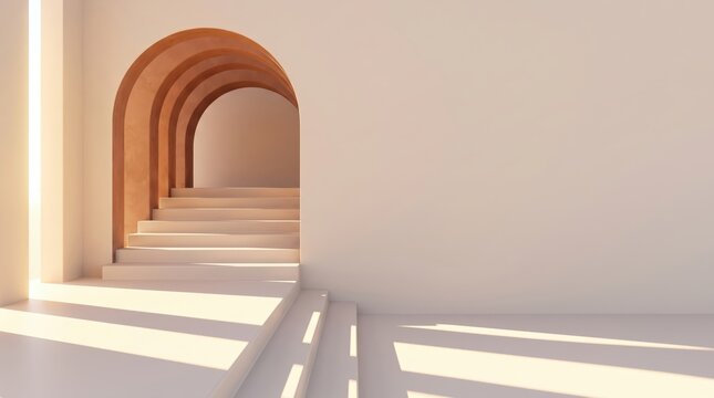 Minimalist architectural interior with arched hallway and staircase, soft sunlight casting long shadows on a clean white wall background