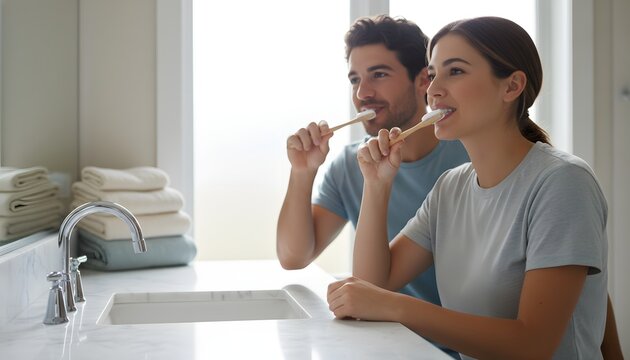 Happy young couple brushing teeth side by side in a bright bathroom for a dental care and healthy morning routine concept with eco friendly toothbrushes