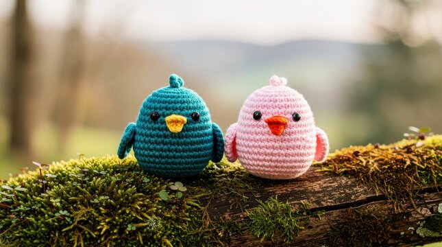 Two small crochet birds sit on a mossy log. Handmade blue and pink amigurumi toys displayed in a forest. Spring gift concept, ideal for craft blogs and seasonal marketing.