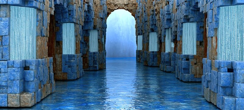 Futuristic Digital Space with Modular Cube Walls and Glowing Code Interfaces