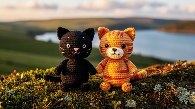 Two crochet cats sitting on mossy ground with a scenic valley background. Orange tabby and black amigurumi kittens pose at golden hour. Friendship and craft theme, ideal for greeting cards.