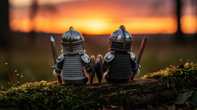 Two miniature crochet knights sitting on a mossy log watching a sunset. Tiny yarn warriors with swords and shields look out over a golden landscape. Friendship concept for creative storytelling.
