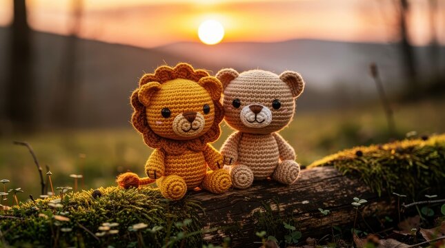 Amigurumi lion and bear sitting on a mossy log at sunset. Handcrafted crochet toys in a natural landscape. Friendship concept for nursery decor and creative marketing campaigns.
