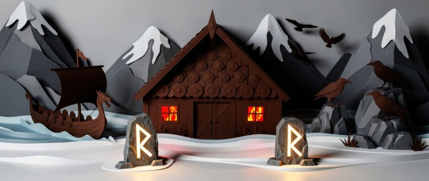 Viking papercraft diorama with longhouse and drakkar in snowy mountains. Handcrafted paper scene with glowing runestones and ravens. Nordic mythology concept for creative history and art themes.