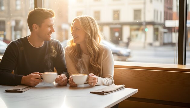 Young happy couple sitting at window seat in cafe holding cups of hot latte while sharing a romantic moment for love and relationship concept in morning sunlight