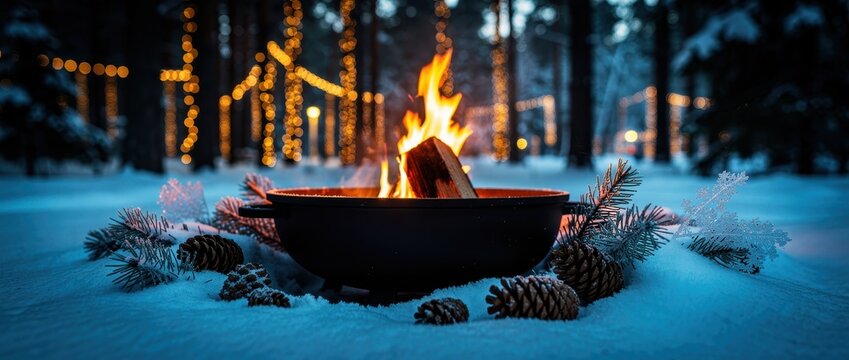 Fire pit burning in a snowy winter forest at night. Glowing logs with pine cones and festive bokeh lights. Cozy winter retreat concept for seasonal holiday marketing.