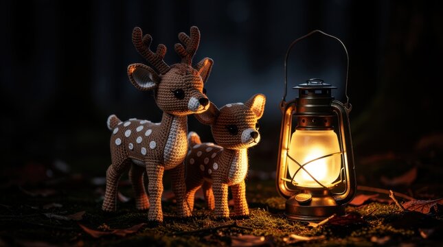 Two crochet deer standing in a dark forest next to a glowing lantern. Detailed amigurumi toys on mossy ground with warm lantern light. Cozy outdoor scene for holiday greetings and seasonal decor.
