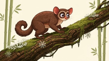 Fototapeta premium Cute cartoon lemur crawling on a mossy tree branch. Hand-drawn illustration featuring bamboo background and winter snowflakes. Whimsical wildlife character design, ideal for children's storytelling.