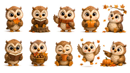Obraz premium Cute Baby Owl Autumn Mascot Collection, 3D Cartoon Character Set with Cozy Fall Accessories on White Background