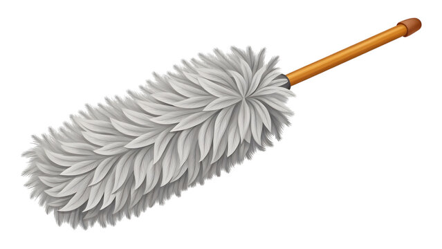 Fluffy grey feather duster with wooden handle isolated on transparent background for home cleaning