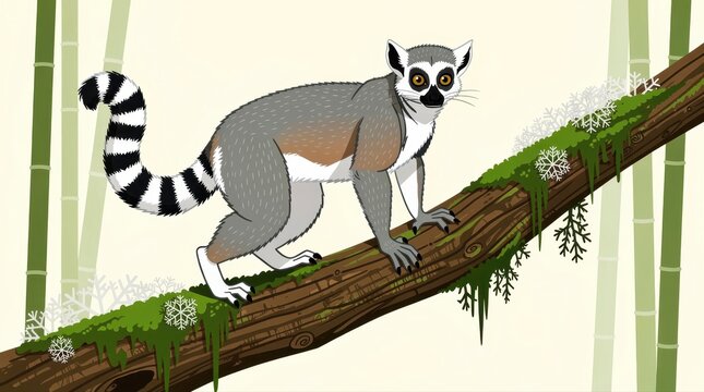 Ring-tailed lemur standing on a mossy branch in a snowy bamboo forest. Cute cartoon illustration of a lemur with a striped tail. Wildlife nature concept, ideal for children's educational content.