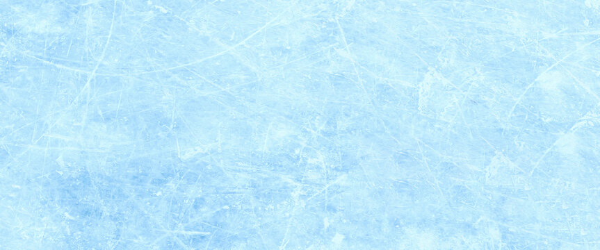 Close up of frozen blue ice texture with scratches and frost