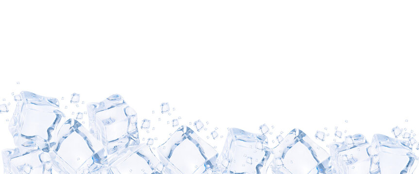 Bottom border of transparent ice cubes isolated on a black background