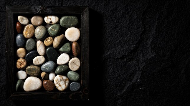 Multi-colored river stones arranged in a dark wooden tray on black slate. Various smooth pebbles show natural textures and organic shapes. Zen meditation concept for wellness and spa marketing.