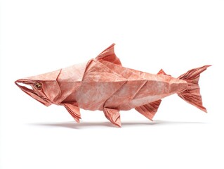 Pink Paper Origami Salmon Fish Sculpture Isolated On White Background