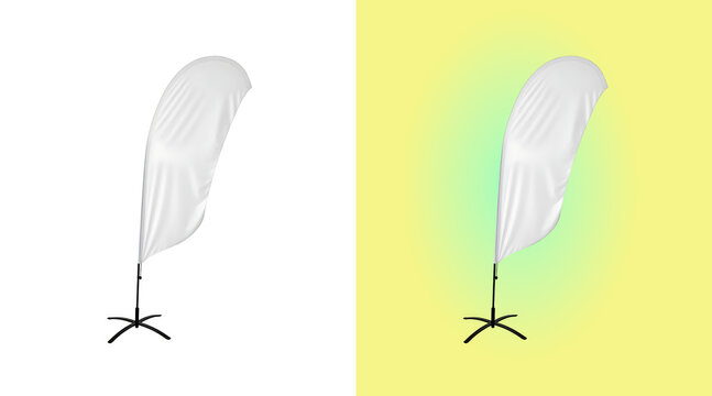 A blank white feather flag banner on a metal stand, isolated on a white background, for outdoor advertising, and promotional event usage isolated on a transparent background