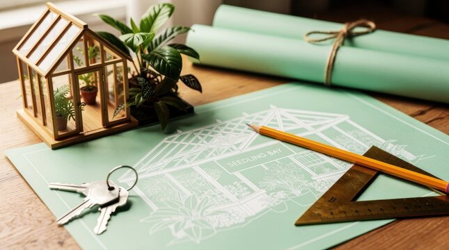 Miniature greenhouse model on blueprints with tools and keys. Design plans for sustainable garden structures on a wood desk. Eco-friendly project concept for landscape architecture marketing.