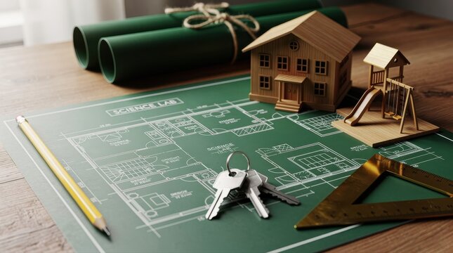 Architectural blueprint showing science lab layout with house model and keys. Wooden scale models of a residence and playground sit beside construction tools. Real estate development concept.