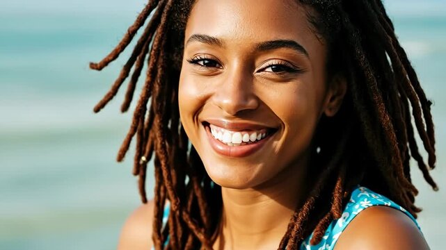 Joyful young Black woman with dreadlocks smiling brightly outdoors by the water.