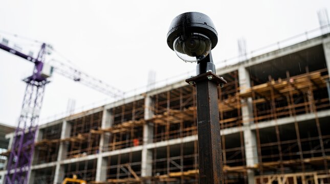 Security camera monitoring a construction site with scaffolding. Dome surveillance equipment on metal post at a building project. Site safety and theft prevention concept for industrial security.