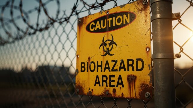 Caution biohazard area sign on barbed wire fence. Rusty warning sign marks restricted industrial zone. Security concept for public health and safety themes.
