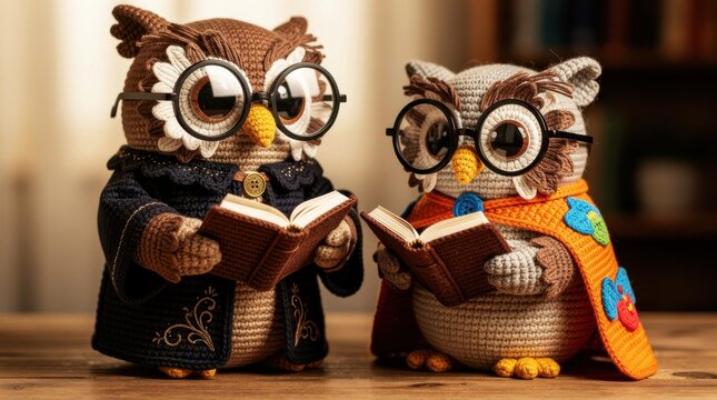 Two crochet owls wearing glasses reading books on a wooden table. Handmade amigurumi stuffed animals dressed in academic attire. Education and wisdom concept, ideal for literacy marketing.
