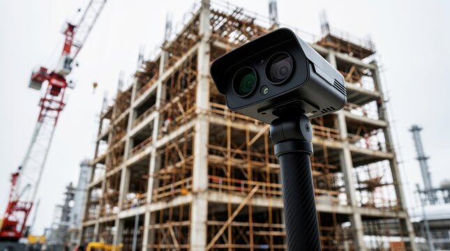 Security camera monitoring an active construction site. Modern surveillance device mounted near building scaffolding. Industrial site safety and asset protection concept for security.