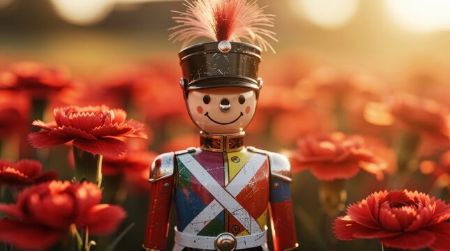 Vintage tin soldier toy standing in a field of red flowers. Colorful figurine wearing a military uniform and tall hat during golden hour. Nostalgic childhood theme for festive marketing.